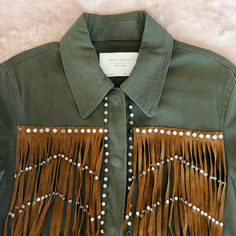EUC Zara ZW Collection Military Studded Jacket with Fringe Khaki - Size S - Picture 2 of 10